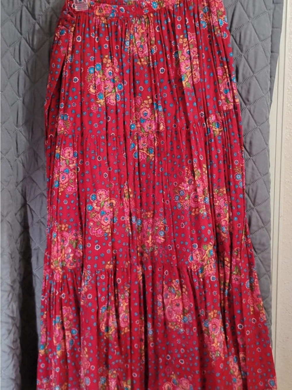 Red Floral 100% Indian Cotton Tiered Maxi Skirt XXL Boho Peasant Western Rodeo